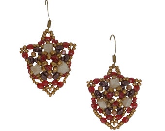 Particular handmade pendant earrings with red, bronze and beige shield-shaped beads