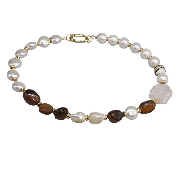 tiger's eye hard stone and pearl choker necklace in boho chic style, unique and particular design, Italian artisan costume jewelery