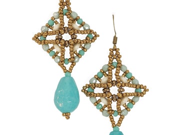 grandes boucles d'oreilles en forme de larme en pierre de jade turquoise avec perles bronze et vertes