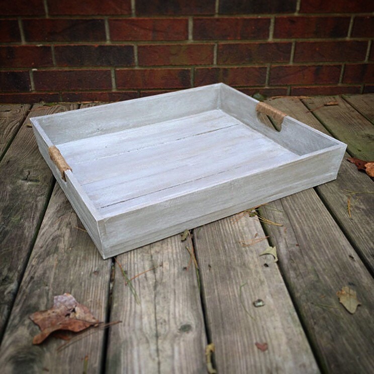 Large Wooden Whitewashed Tray Wooden Serving Tray Ottoman Etsy