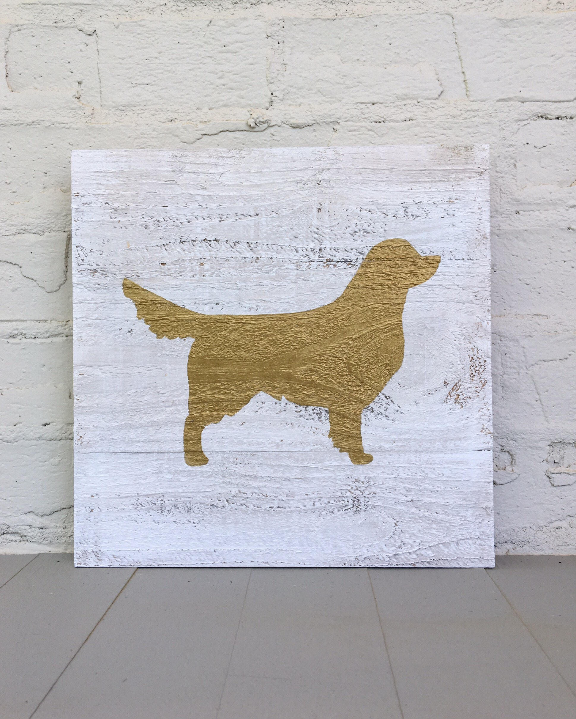 Golden Retriever Wooden Sign L Gold Metallic Dog On Distressed Etsy