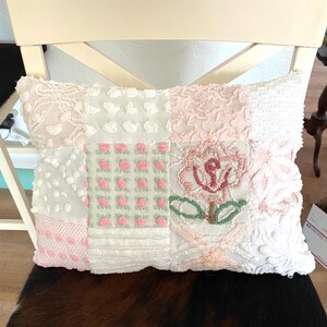 PINK & WHITE Quilted Charm pillow from vintage Chenille bedspread