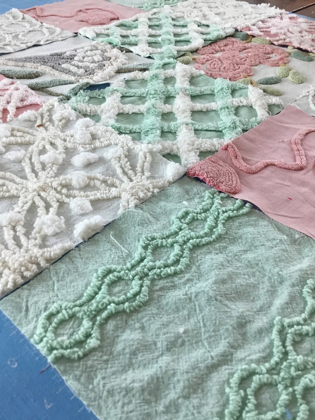 Soft Green and Pink QUILT Kit From Vintage Chenille Bedspreads Etsy