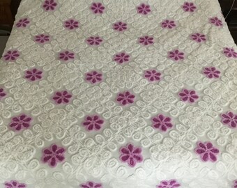 Vintage chenille bedspread snow white with purple lavender flowers