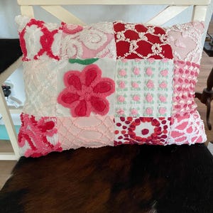 PINK & RED Quilted Charm pillow from vintage Chenille bedspread