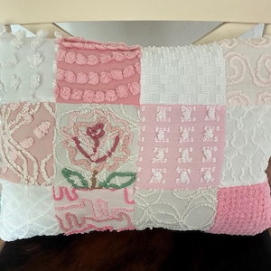 PINK AND WHITE Quilted Charm pillow from vintage Chenille bedspread
