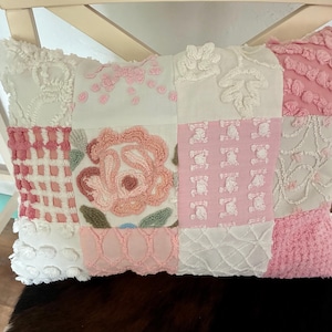 PINK AND WHITE Quilted Charm pillow from vintage Chenille bedspread