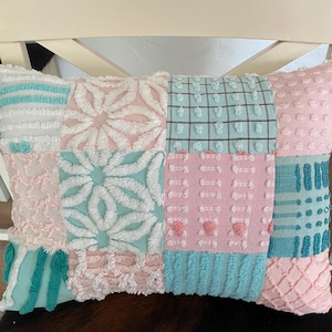 PINK & AQUA Quilted pillow from vintage Chenille bedspread
