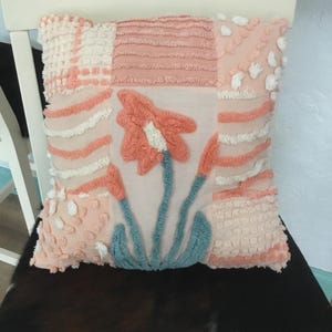 Quilted pillow from vintage Chenille bedspread peach & teal