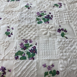 Violets in snow chenille QUILT from vintage chenille bedspread printed tablecloth Pillow