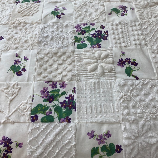 Violets in snow chenille QUILT from vintage chenille bedspread printed tablecloth Pillow