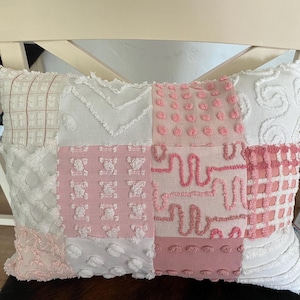 PINK & WHITE Quilted Charm pillow from vintage Chenille bedspread