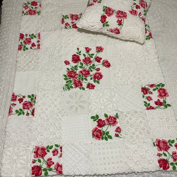 Roses in snow chenille QUILT from vintage chenille bedspread printed tablecloth Pillow