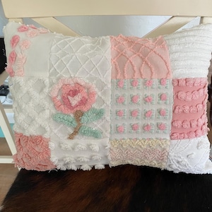 PINK & WHITE Quilted Charm pillow from vintage Chenille bedspread