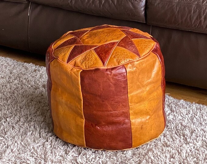 1970’s Moroccan Patchwork Leather Pouf found by Willabird Designs Vintage Finds