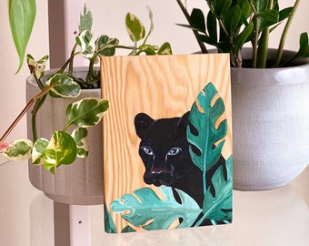 Black Panther & Palms Shiny Resin Jungalow Painting by Willabird Designs Artist Amber Petersen