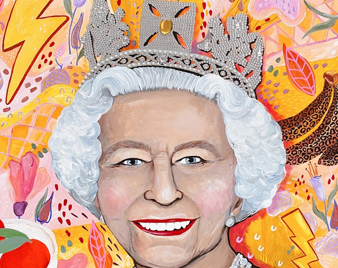 The Queen LARGE Painting by Willabird Designs Artist Amber Petersen. Queen Elizabeth II mixed media