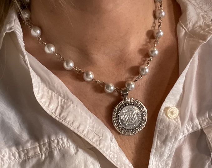 Ukrainian Medallion & Pearl Necklace by British Columbia jeweler Patricia Burnett found by Willabird Designs Vintage Finds