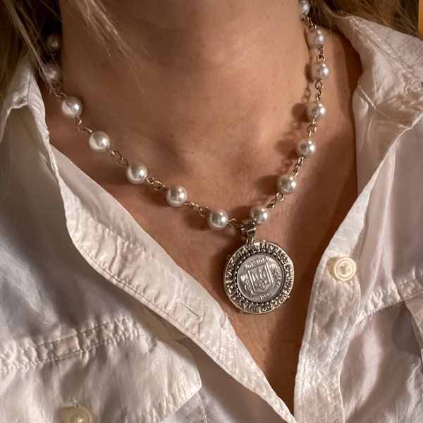 Ukrainian Medallion & Pearl Necklace by British Columbia jeweler Patricia Burnett found by Willabird Designs Vintage Finds