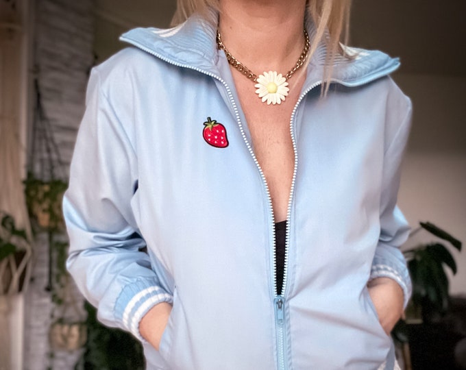 Vintage Baymart Blue Bomber Jacket with Strawberry Embroidery found by Willabird Designs Vintage Finds