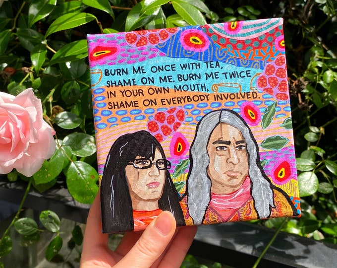 Portlandia Feminist Bookstore Painting by Willabird Designs Artist Amber Petersen. Fred Armisen & Carrie Brownstein, burn me once with tea