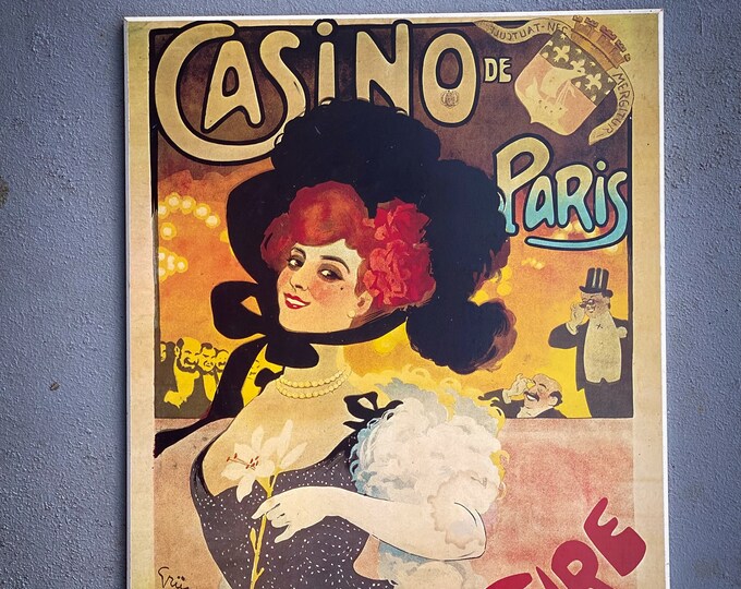 Large “Casino de Paris Réouverture” by Jules-Alexandre Grün poster plaque on wood found by Willabird Designs Vintage Finds