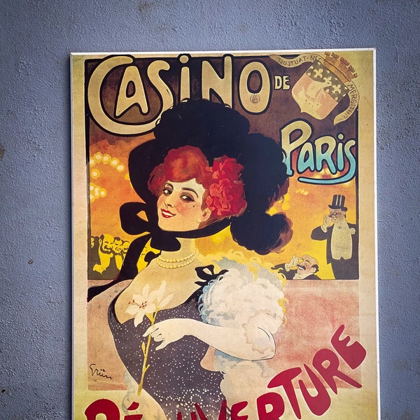 Large “Casino de Paris Réouverture” by Jules-Alexandre Grün poster plaque on wood found by Willabird Designs Vintage Finds