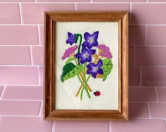 Vintage Flowers & Ladybug Embroidery in Wood Frame found by Willabird Designs Vintage Finds