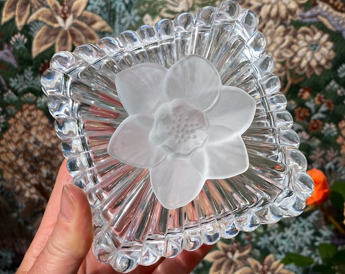 1950’s Cristal D’Arques France Crystal Lidded Candy Jar with Frosted Glass Flower Top found by Willabird Designs Vintage Finds