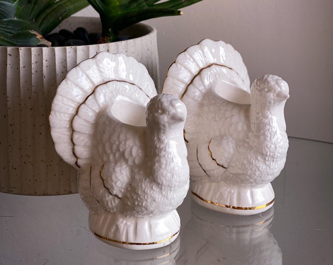 Vintage Ceramic Turkey Candle Holders with Gold Luster Details found by Willabird Designs Vintage Finds