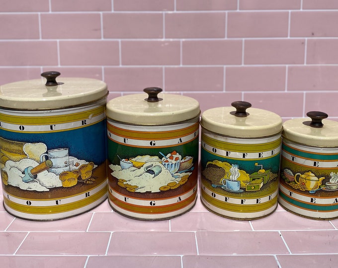 Set of Four 1979 Ballanoff Nesting Tin Kitchen Canisters found by Willabird Designs Vintage Finds. Flour, sugar, coffee, tea