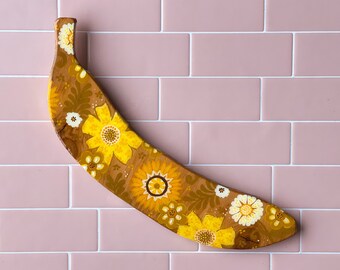 Lucky Banana Retro Florals, Hand Painted Resin Wood Cutout by Willabird Designs Artist Amber Petersen