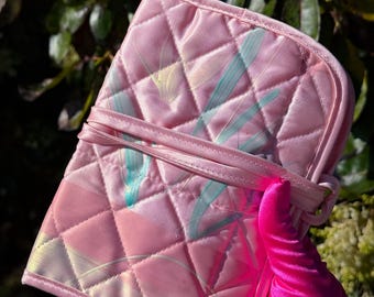 1990s Pink Satin Travel Toiletry Bag: Handpainted Vintage Cosmetic Case