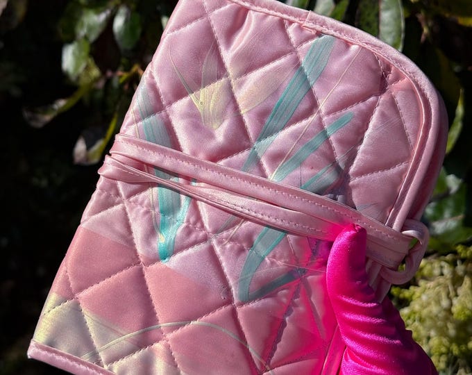 1990's Pink Satin Toiletries Travel Bag, Handpainted by Jane Hall, found by Willabird Designs Vintage Finds