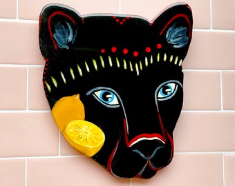 Lucky Cats Black Panther, Hand Painted Resin Wood Cutouts by Willabird Designs Artist Amber Petersen