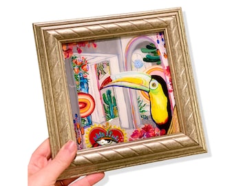 Toucan Dream Too Jungalow Resin Painting in Vintage Frame by Willabird Designs Artist Amber Petersen