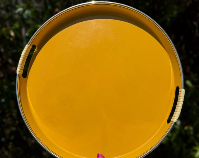 Mid Century yellow enamel serving tray found by Willabird Designs Vintage Finds