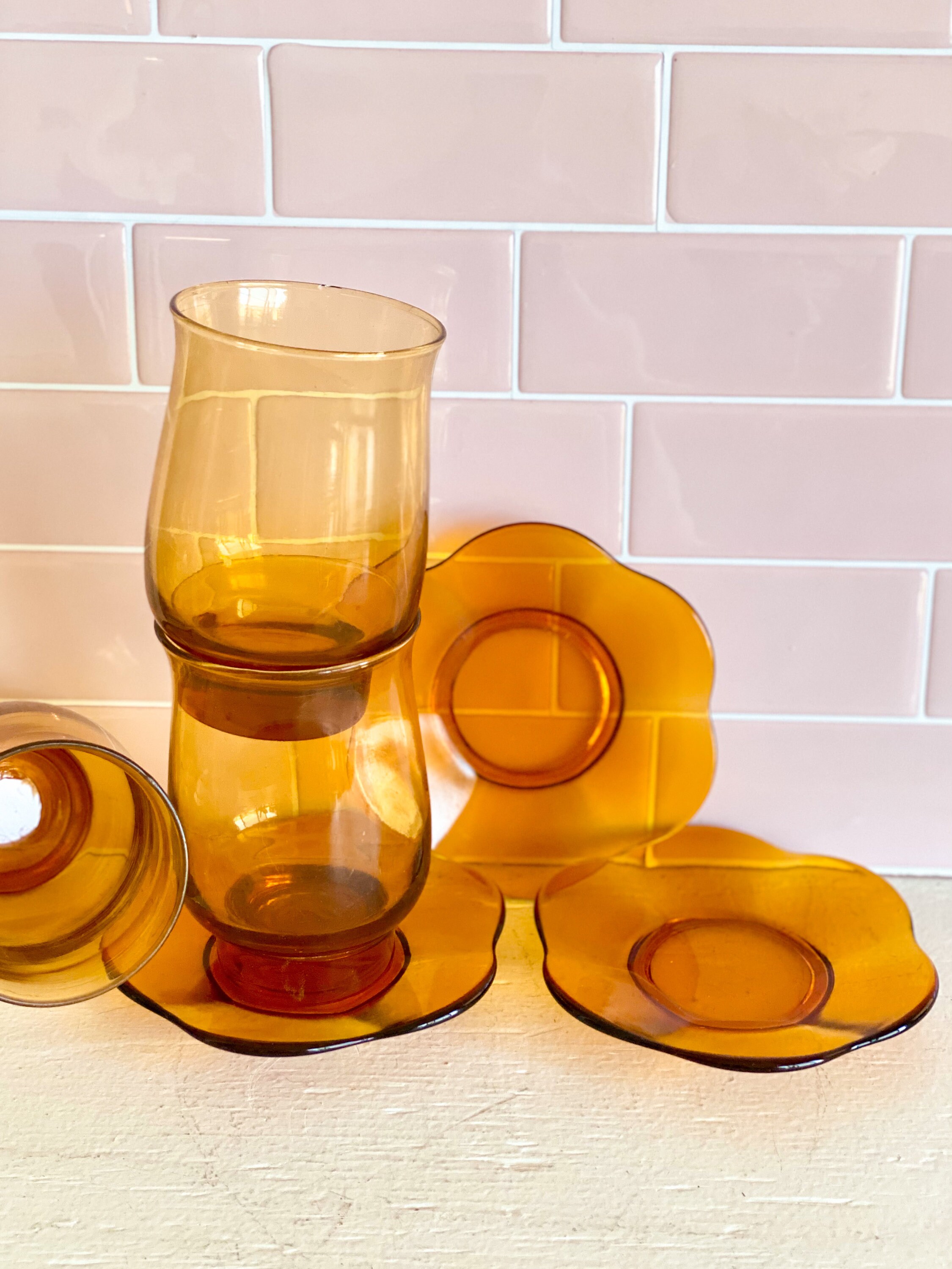 Vintage Colored Glassware Amber Glasses with Flower Dishes found by