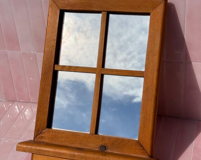 Vintage window mirror with mini shelf and hooks, found by Willabird Designs Vintage Finds