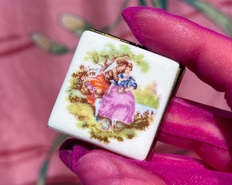 1940s Limoges Mascot Pill Box: Victorian Lovers Fragonard Porcelain