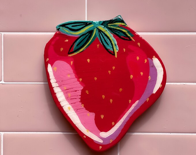 Lucky Strawberry Hand Painted Resin Wood Cutout by Willabird Designs Artist Amber Petersen