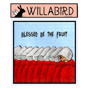 May include: A painting depicting a line of white hooded figures with the text "Blessed Be The Fruit" against a blue backdrop. The figures are lying on a red surface.