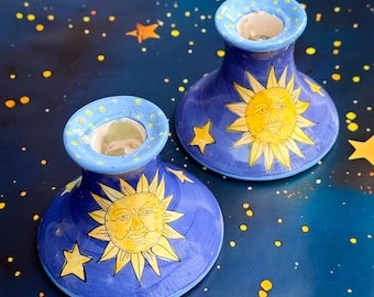 1990’s Handpainted Celestial Sun Candle Holders found by Willabird Designs Vintage Finds