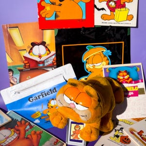 May include: A selection of Garfield-themed items, including a plush toy, stickers, a ruler, and books. The orange cartoon cat is depicted in various poses and settings, with bright colours and bold outlines. The background is a solid purple.