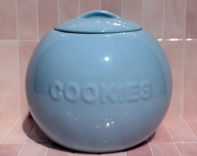 Round Blue Dopamine Vintage Cookie Jar found by Willabird Designs Vintage Finds