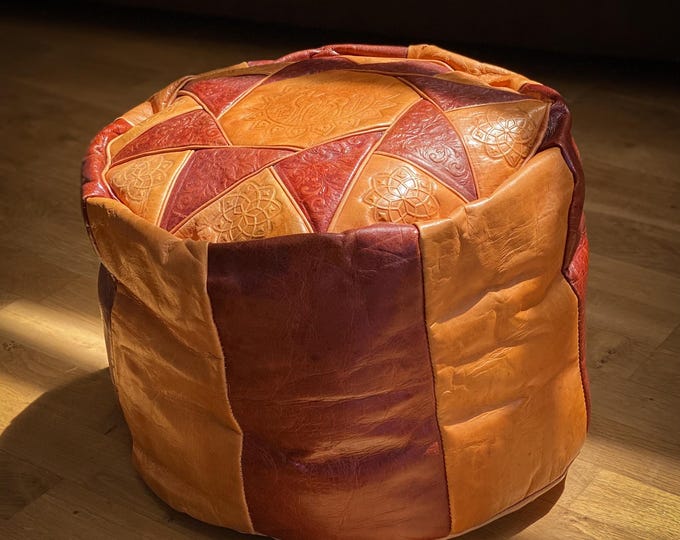 1970’s Moroccan Patchwork Leather Pouf found by Willabird Designs Vintage Finds