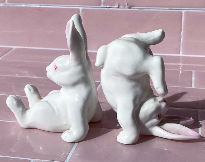 Vintage Porcelain Somersaulting Bunny Pair found by Willabird Designs Vintage Finds