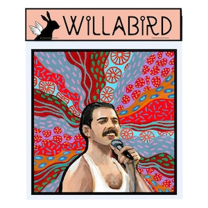 May include: A colourful abstract painting of a man singing into a microphone. The background is a mix of red, blue, green, orange, and purple with various shapes and patterns. The text "WILLABIRD" is in a pink box at the top of the image.