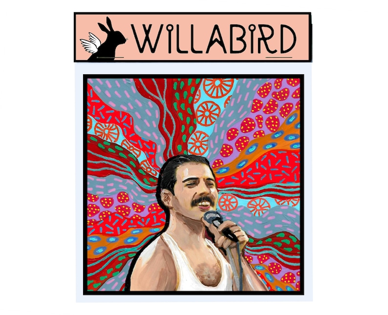 May include: A colourful abstract painting of a man singing into a microphone. The background is a mix of red, blue, green, orange, and purple with various shapes and patterns. The text "WILLABIRD" is in a pink box at the top of the image.