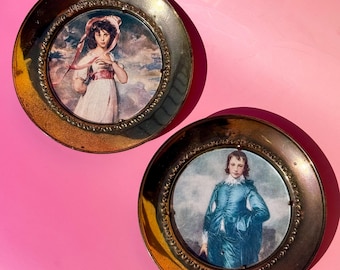 Antique English Linton Brass Plates, Pinkie and The Blue Boy Lithographs, Pair